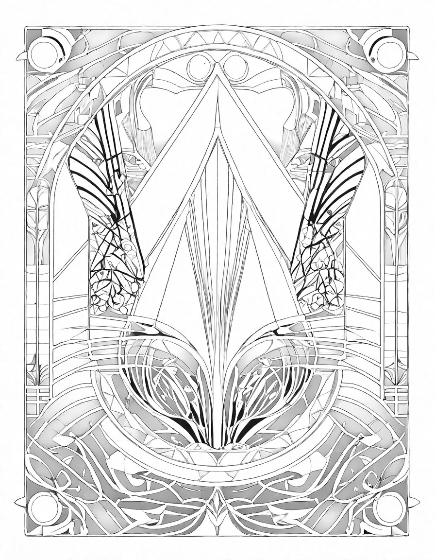 art deco coloring page featuring geometric patterns and motifs, evoking the glamour and opulence of the roaring twenties in black and white
