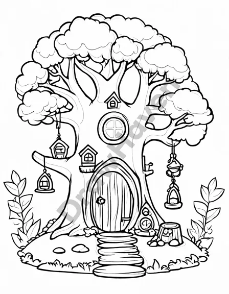coloring book page featuring hidden elf villages among ancient oaks and intricate homes in black and white