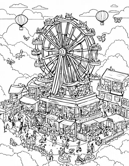 Coloring book image of dragonflies frolic at whimsical amusement park with ferris wheel, merry-go-round, and roller coasters in black and white