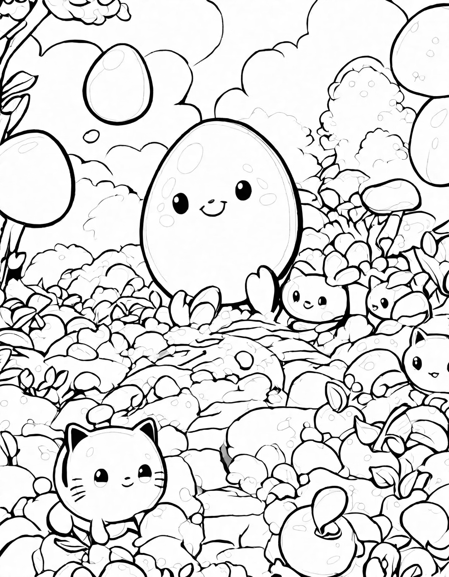 coloring book scene of jelly bean jungle expedition with colorful trails and hidden golden jelly bean in black and white