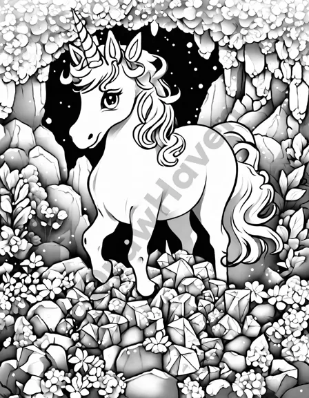 coloring book page of crystal caves in unicorn kingdom with colorful crystals, unicorns, and magical creatures in black and white