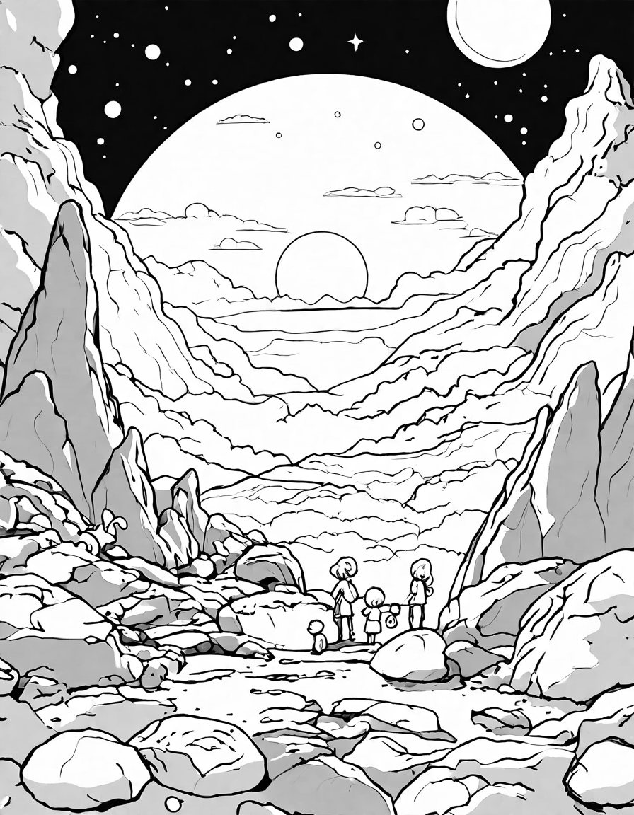coloring book image of a celestial vista with auroras, alien mountains, and vibrant skies, perfect for space exploration enthusiasts in black and white