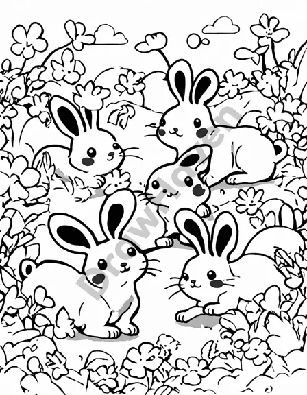 adorable rabbits hop through a lush garden filled with flowers and green grass in this charming coloring page in black and white