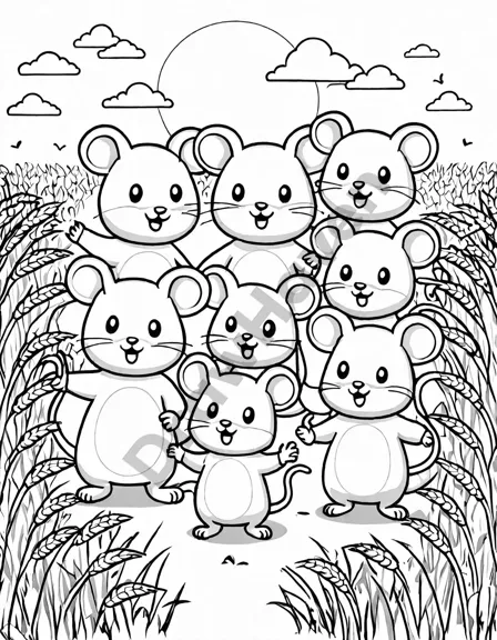 family of mice in a cornfield at sunset coloring book page in black and white