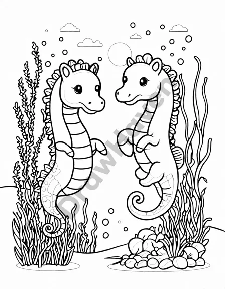 coloring page of seahorses in a vibrant coral reef and sea grasses, perfect for ocean enthusiasts in black and white
