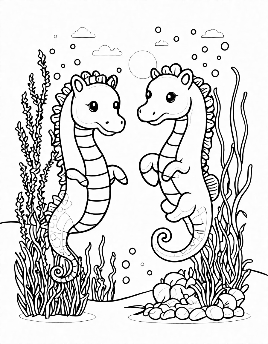 coloring page of seahorses in a vibrant coral reef and sea grasses, perfect for ocean enthusiasts in black and white
