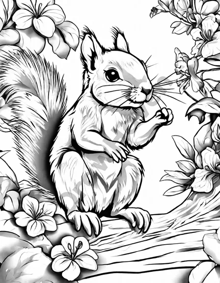 vibrant backyard coloring page featuring a squirrel, rabbit, and hummingbird amidst lush greenery and blooming flowers in black and white