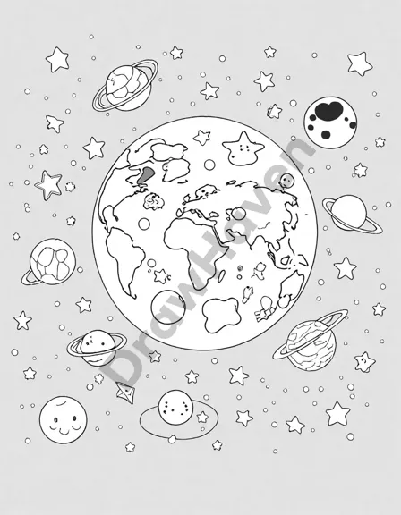 lunar eclipse coloring page showcasing earth's shadow on the moon with stars and planets in the background, perfect for space enthusiasts in black and white