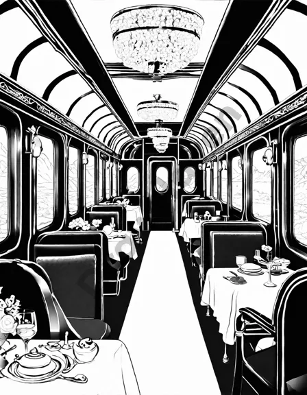 coloring page of luxury orient express train with elegant dining interior and scenic mountain background in black and white