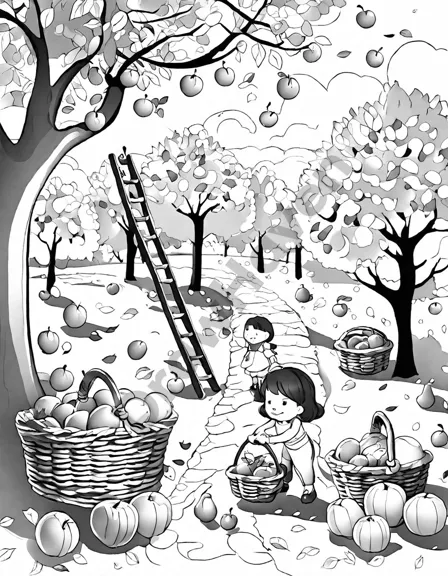 Coloring book image of children and adults harvesting apples and pears in a sunlit orchard during fall in black and white