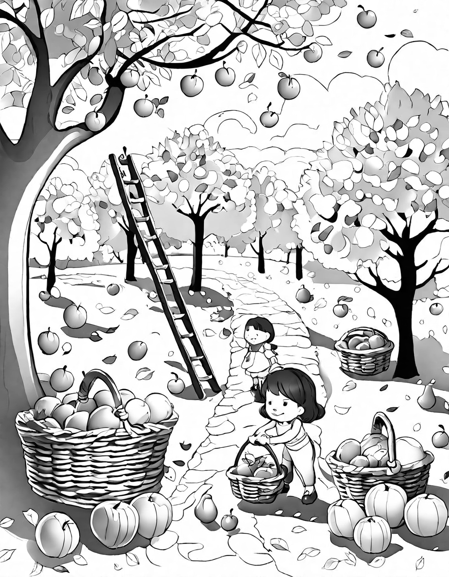 Coloring book image of children and adults harvesting apples and pears in a sunlit orchard during fall in black and white