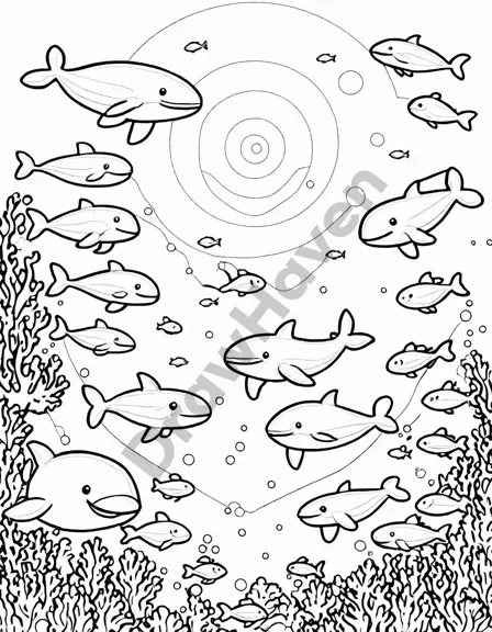 coloring book image showing whales and various sea creatures in the ocean in black and white