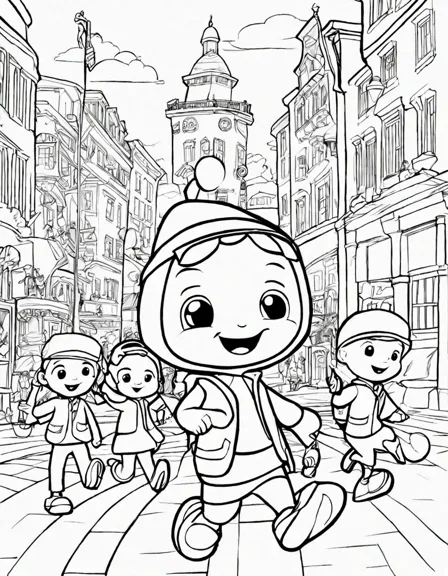Coloring book image of cocomelon characters lead an alphabet parade, promoting creativity and learning in black and white