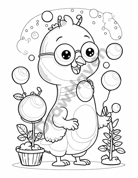 coloring page of a blue monster throwing a tea party for colorful birds in a candy forest in black and white