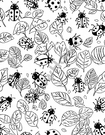 intricate coloring page featuring ladybugs and caterpillars hidden within a lush garden scene, inviting creativity and observation of nature's beauty in black and white
