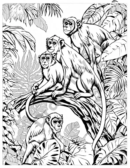coloring book page featuring playful monkeys swinging in a vibrant jungle setting in black and white
