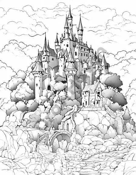 fairy-tale castle coloring book page with intricate designs, towers, flags, mythical creatures, and magical landscape in black and white