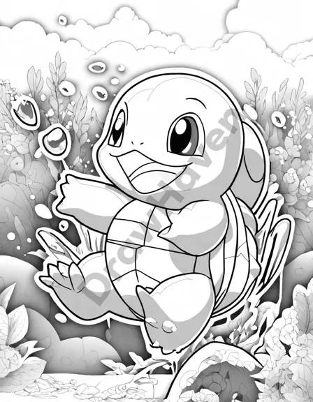 water-type pokemon squirtle releases a powerful stream of water from its mouth in this coloring page in black and white