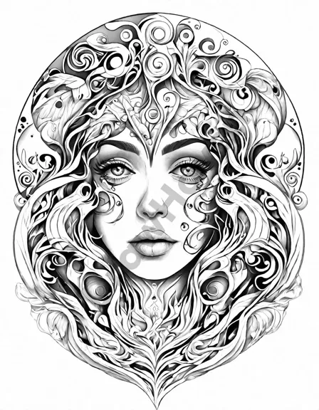 ethereal esoteric expressionism coloring page: faces morphing into swirls, capturing raw human emotions in black and white