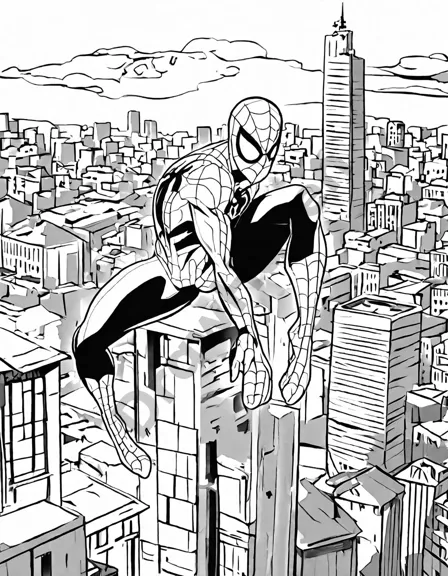 Coloring book image of spider-man perches on a skyscraper overlooking the sprawling cityscape, his iconic red and blue suit casting long shadows in the fading sunlight in black and white