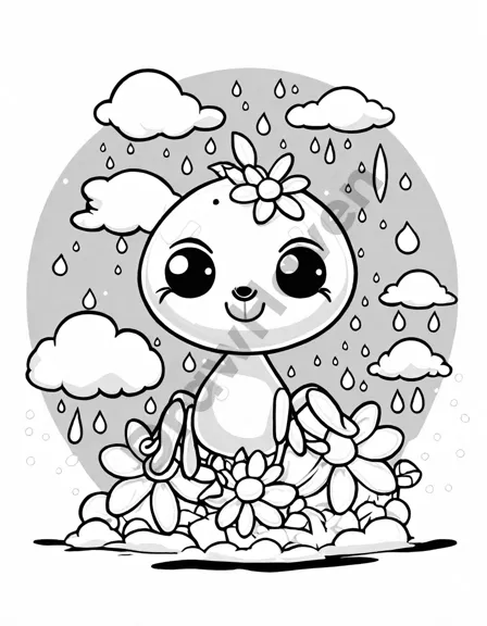 coloring page of itsy bitsy spider climbing a water spout with rain, sun, and flowers in black and white