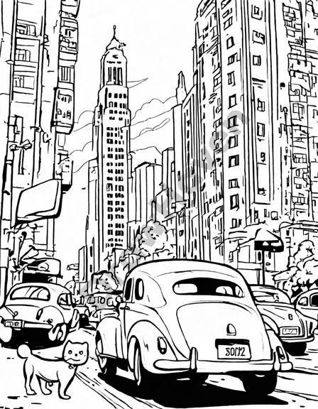 intricate coloring page featuring vintage cars with sleek lines against a cityscape in black and white