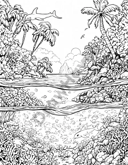 secluded island hopping adventure coloring page with coral reefs, dolphins, and palm-fringed islands in vibrant blues and turquoises in black and white