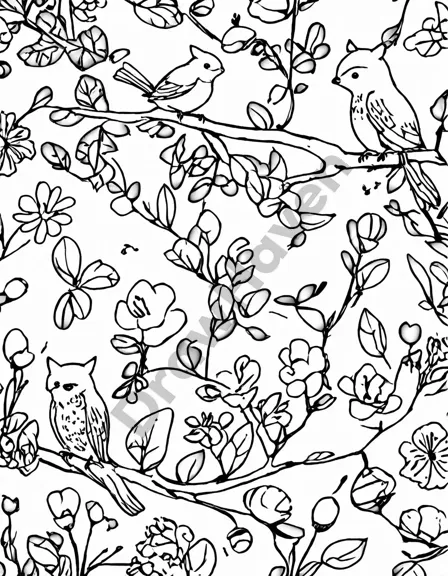 nature's canvas coloring page with intricate details of songbirds, butterflies, squirrels, and blooming garden in black and white