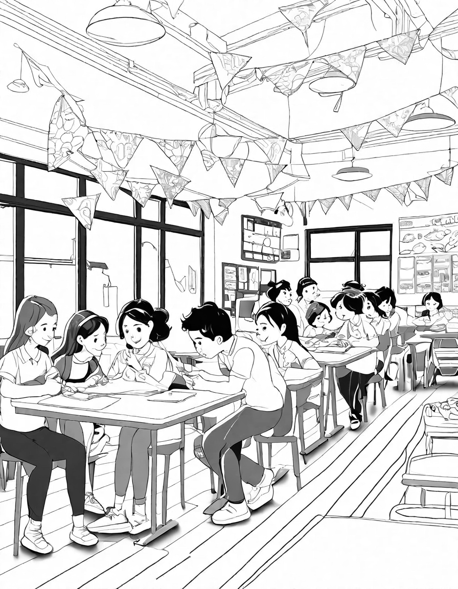 coloring page of students chatting and eating in a lively school cafeteria scene in black and white