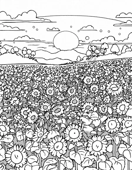 Coloring book image of sunflower field at sunset with a path, under a sky of orange, pink, and purple hues in black and white