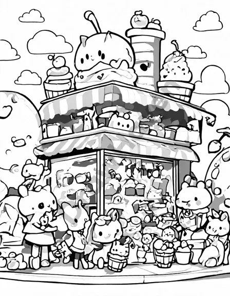 Coloring book image of illustration of a busy ice cream shop with servers creating whipped cream-topped ice creams in black and white