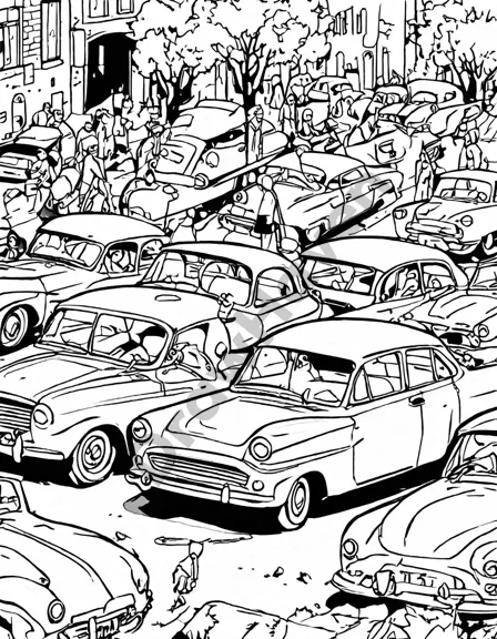 nostalgic coloring page featuring detailed automotive icons from convertibles to racers in black and white