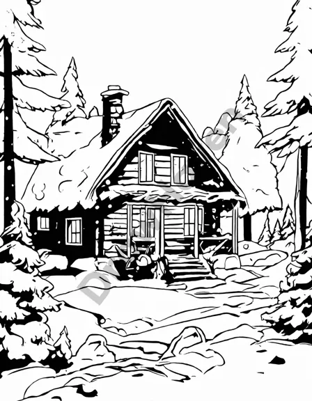 Coloring book image of cozy log cabin nestled amidst snow-laden pines in a winter wonderland, inviting you to color and create your own vibrant winter scene in black and white