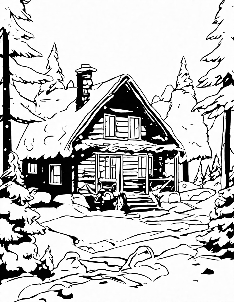 Coloring book image of cozy log cabin nestled amidst snow-laden pines in a winter wonderland, inviting you to color and create your own vibrant winter scene in black and white