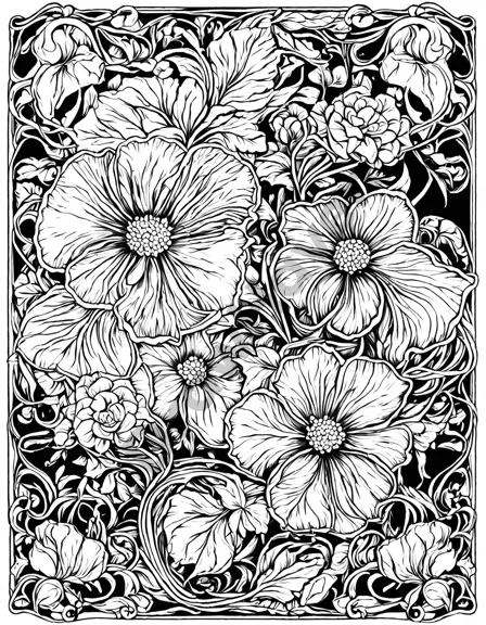 intricate art nouveau nature patterns coloring page with swirling vines, graceful curves, and delicate flowers in black and white
