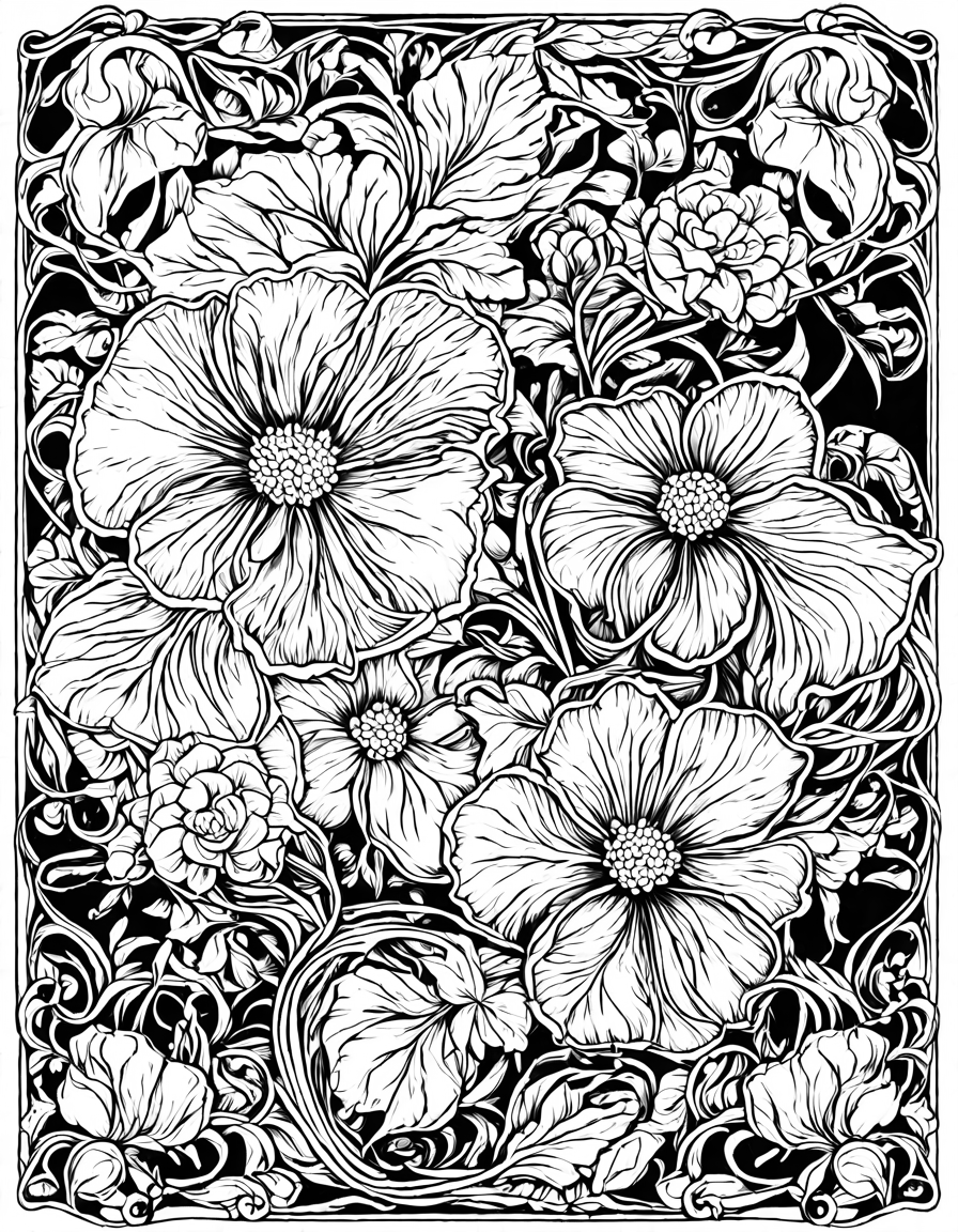 intricate art nouveau nature patterns coloring page with swirling vines, graceful curves, and delicate flowers in black and white