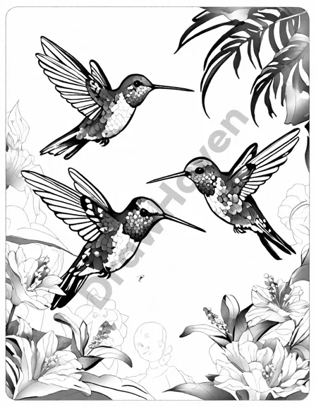 Coloring book image of illustration of hummingbirds and exotic flowers in a lush rainforest setting in black and white