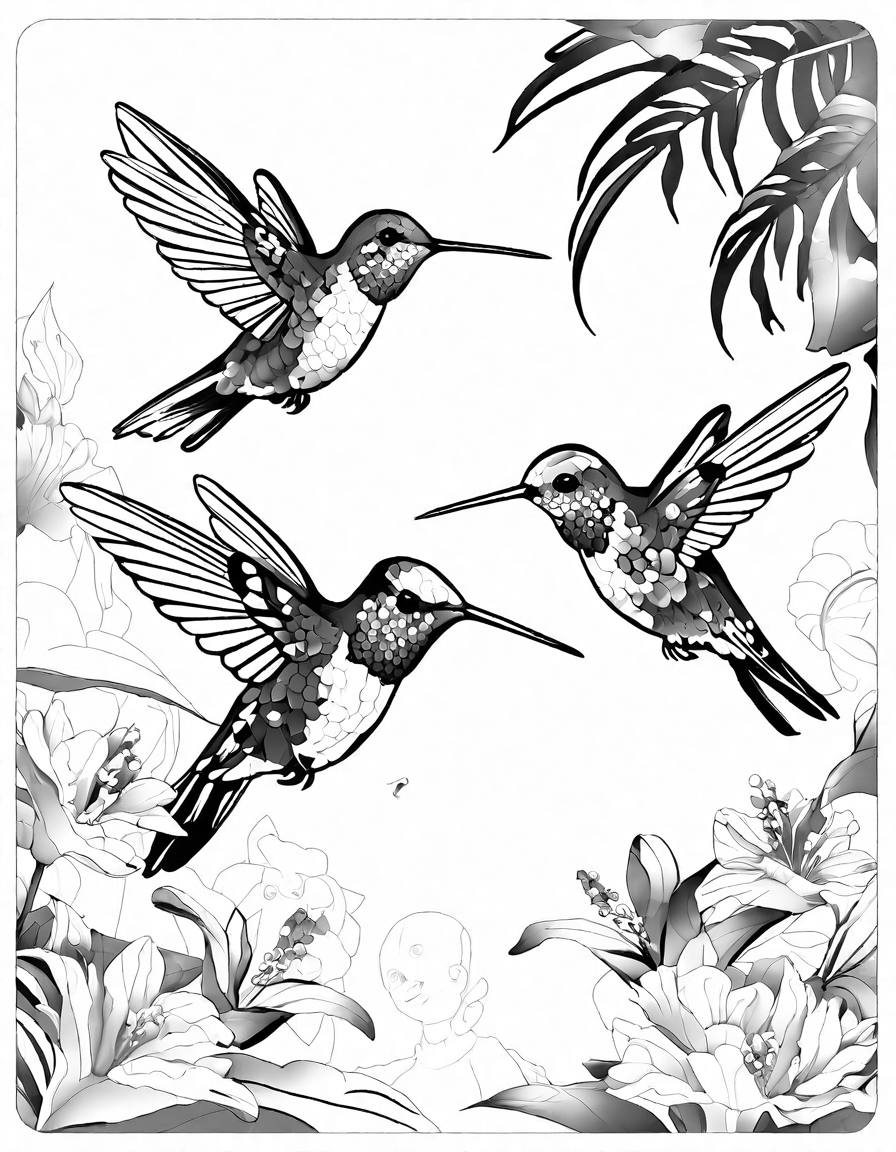 Coloring book image of illustration of hummingbirds and exotic flowers in a lush rainforest setting in black and white
