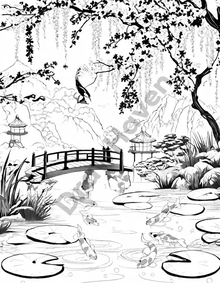 Coloring book image of japanese garden in summer with koi fish, lilies, irises, and lanterns in black and white