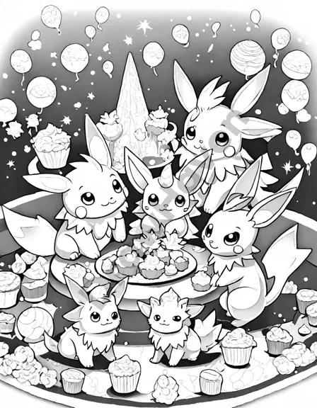 Coloring book image of colorful pokemon evolution party featuring eevee and its evolutions vaporeon, jolteon, and flareon in black and white