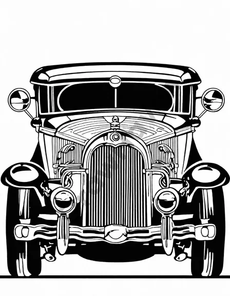 art deco coloring book page featuring a vintage automobile with sleek lines and geometric shapes in black and white