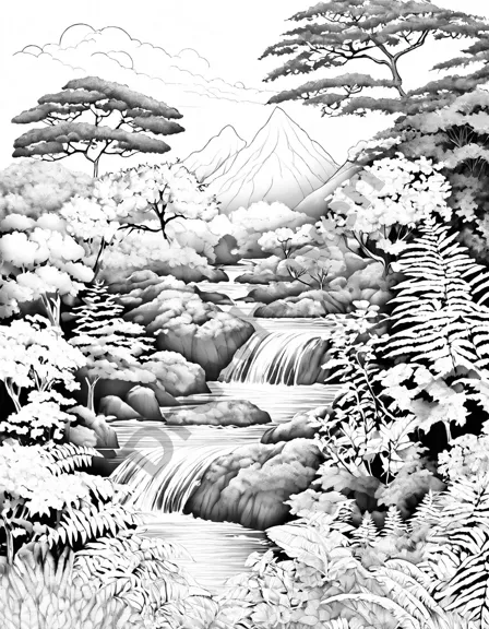 intricate japanese garden coloring page with harmonious rocks, ferns, mosses, and shrubs in black and white
