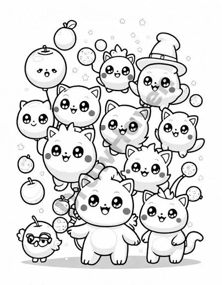 Coloring book image of colorful funny monsters performing in jigglypuff jungle, juggling under a twinkling canopy in black and white