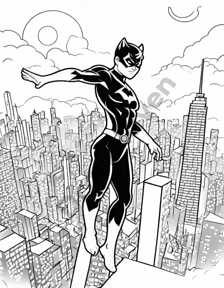 action-packed coloring page of nightwing, the acrobatic protector of gotham, soaring through the city skyline with gravity-defying flips and twists in black and white