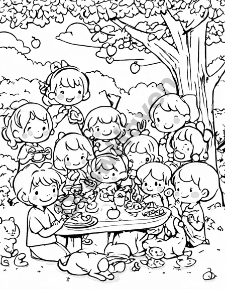 children's coloring page featuring numbers 1-10 as characters having a party in the park in black and white