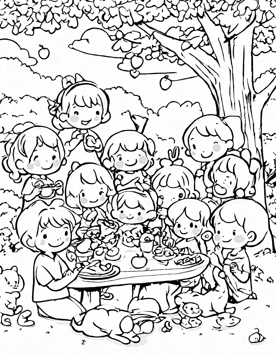 children's coloring page featuring numbers 1-10 as characters having a party in the park in black and white