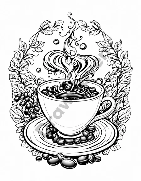 calming coffee ritual coloring page with intricate cup and bean patterns in black and white