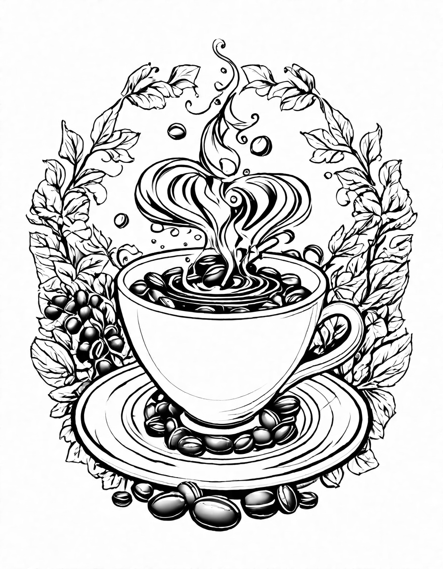 calming coffee ritual coloring page with intricate cup and bean patterns in black and white