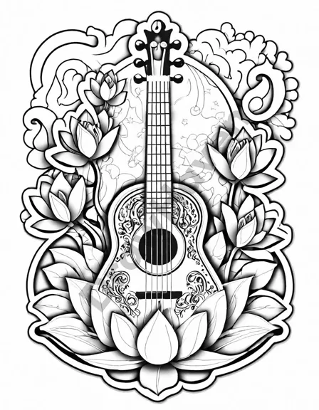 mystical sounds of the sitar coloring book page featuring a sitar, musical notes, and lotus flowers in black and white