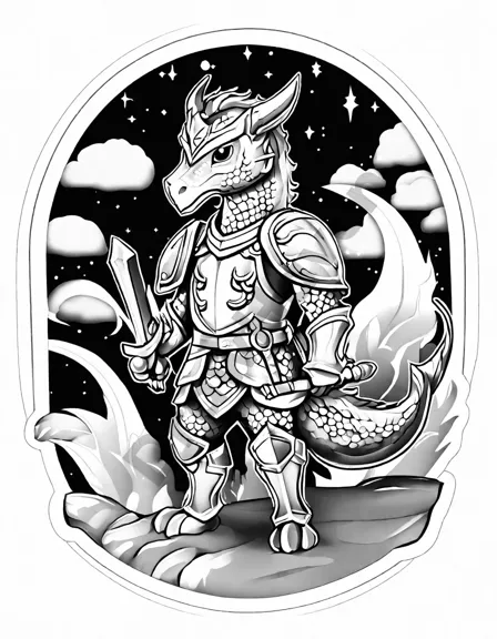 valiant knight with glowing shield facing a colorful dragon under a moonlit sky in a coloring book scene in black and white